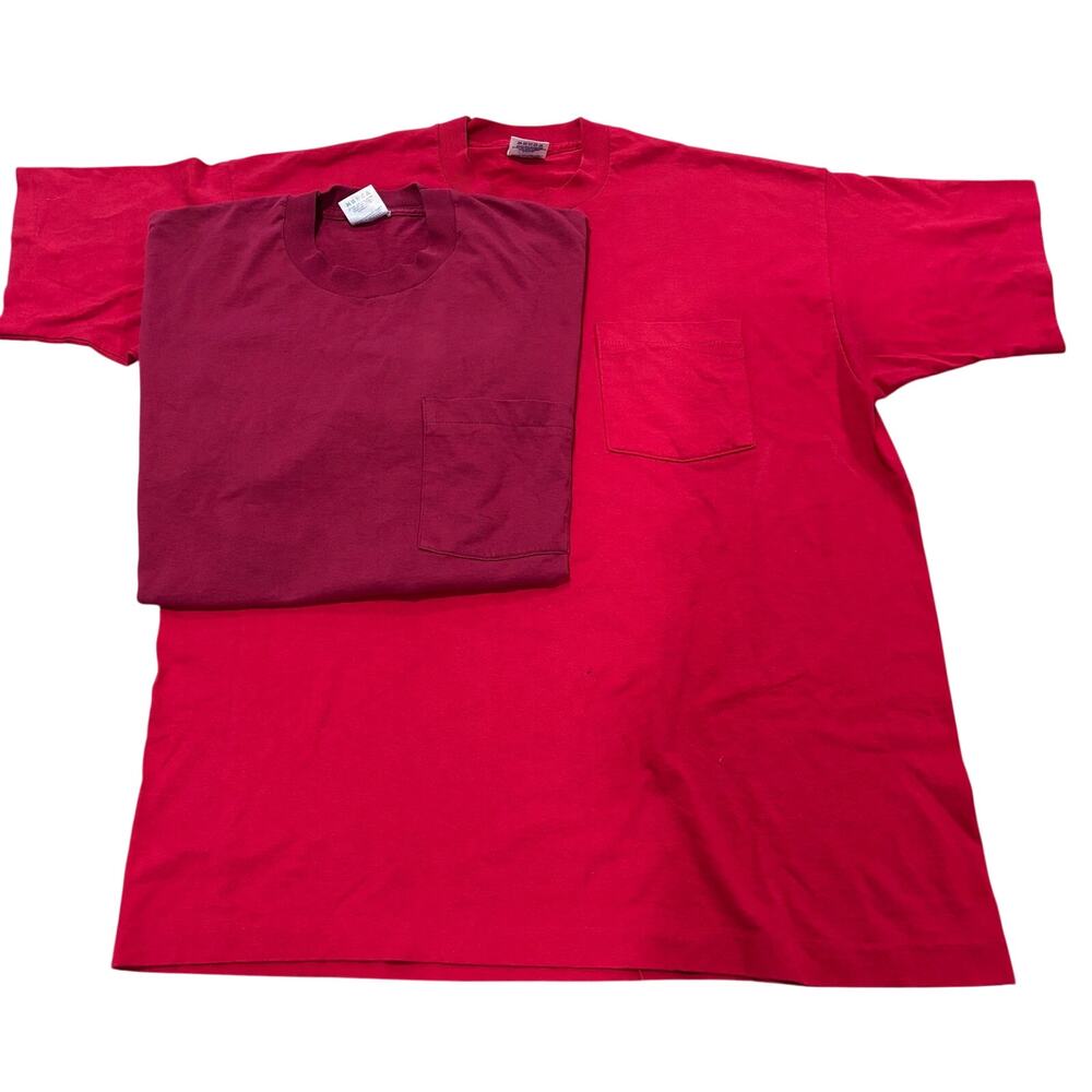 2 Vintage 90s PVD Red Blank Pocket Tee Shirts X-Size Large Single Stitch
